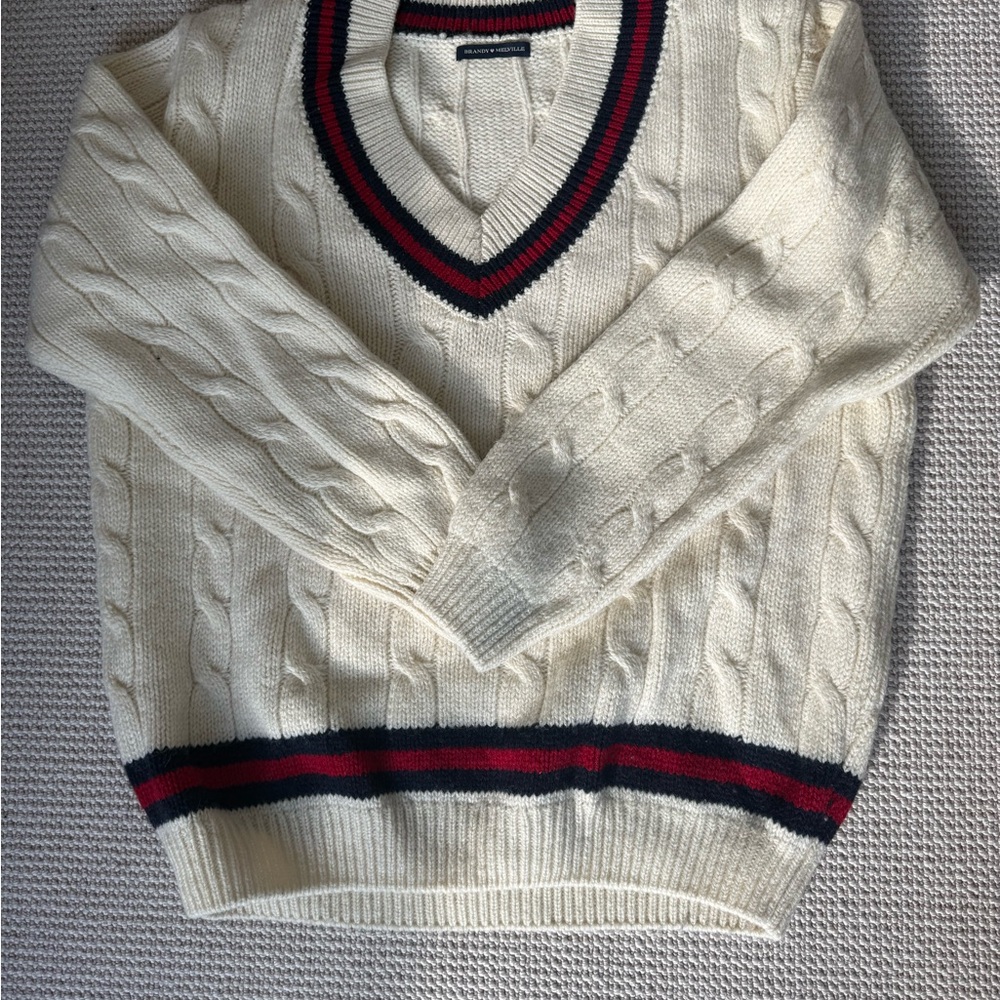 Brandy Melville Cream V-Neck Sweater with Red and Black Trim
